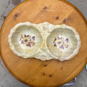 Vintage Divided Relish Dish Yellow Plaid Sunflower Floral Ceramic Old Foley